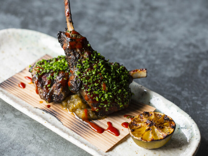 Tea-smoked lamb chops, with miso grilled aubergine (nasu dengaku) and pickled daikon